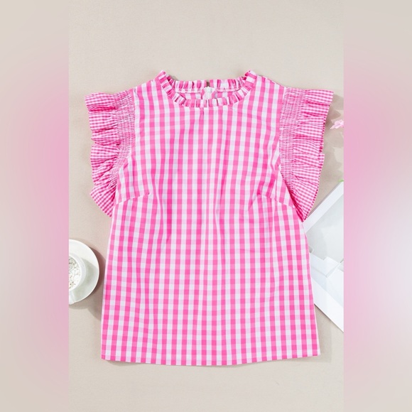 Ruffled Plaid Mock Neck Cap Sleeve Blouse - Picture 3 of 11